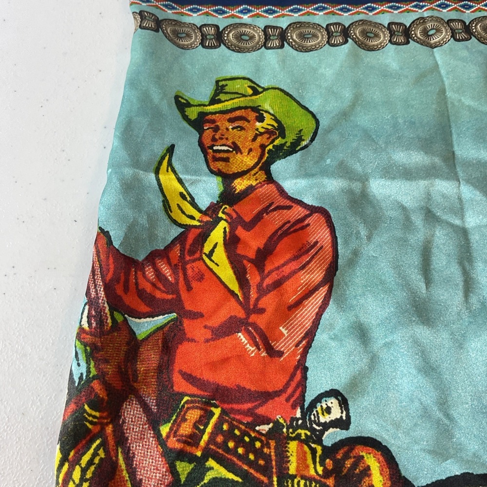 Retro Cowboy Western Silk Scarf Fringe scarves 34 x 30 Rodeo Colorful - Picture 7 of 8